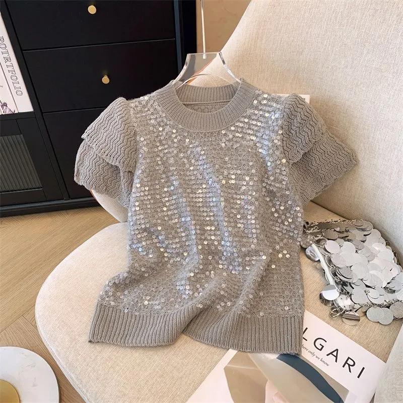 Женская летняя футболка с круглым вырезом и коротким рукавом, украшенная французскими пайетками, с принтом «сладкий стареющий пуловер»