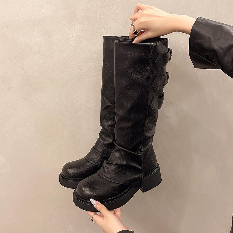 Винтажные европейские и американские дамы мятые сапоги женские 2024 новые дорожные сапоги толстые модные сапоги женские