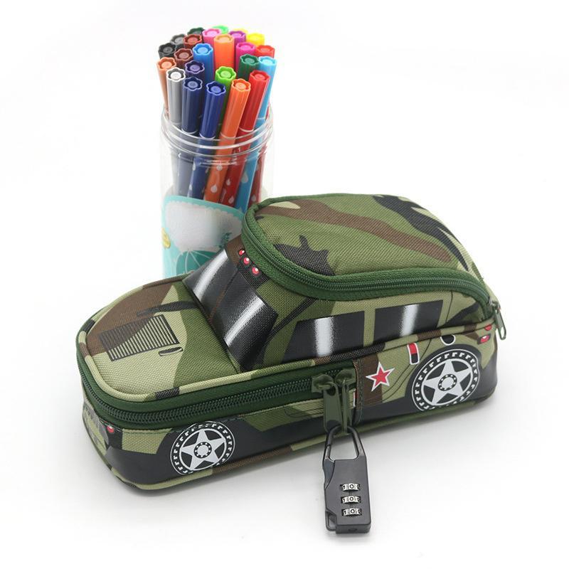 1 Vehicle Pen Pouch Bag with Combination Lock for Boys Double Zipper Camouflage Canvas Pencil Box