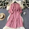 Pink Crochet Lace Hollow Out Embroidery Patchwork Pleated Dress New Summer Women O Neck Lantern Sleeve Slim Holiday Party Dress