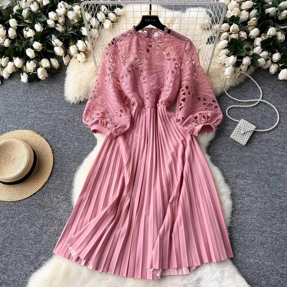 Pink Crochet Lace Hollow Out Embroidery Patchwork Pleated Dress New Summer Women O Neck Lantern Sleeve Slim Holiday Party Dress