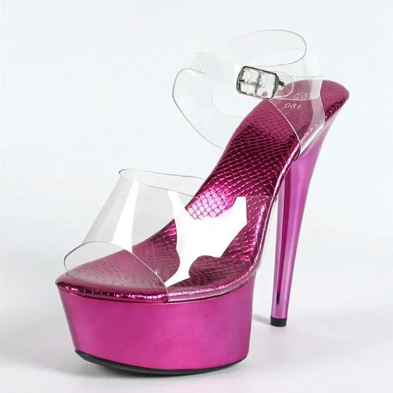 Модные фиолетовые супер высокие каблуки женские 2025 лето сексуальные тонкие высокие каблуки 15 см сандалии прозрачный ПВХ дизайн платформы банкет туфли для танца на пилоне