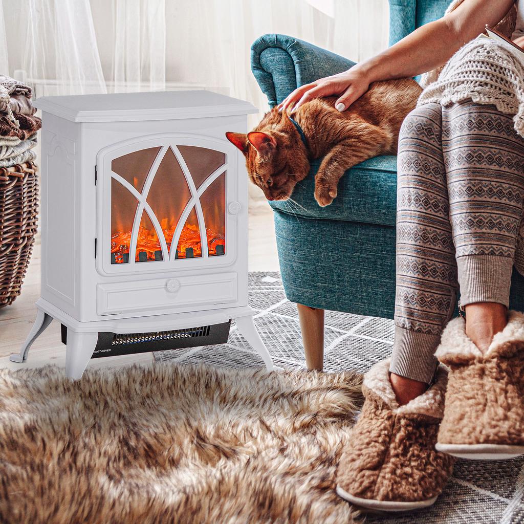 Freestanding electric fireplace 1000/2000 W, decorative fake fireplace with LED flame effect, white