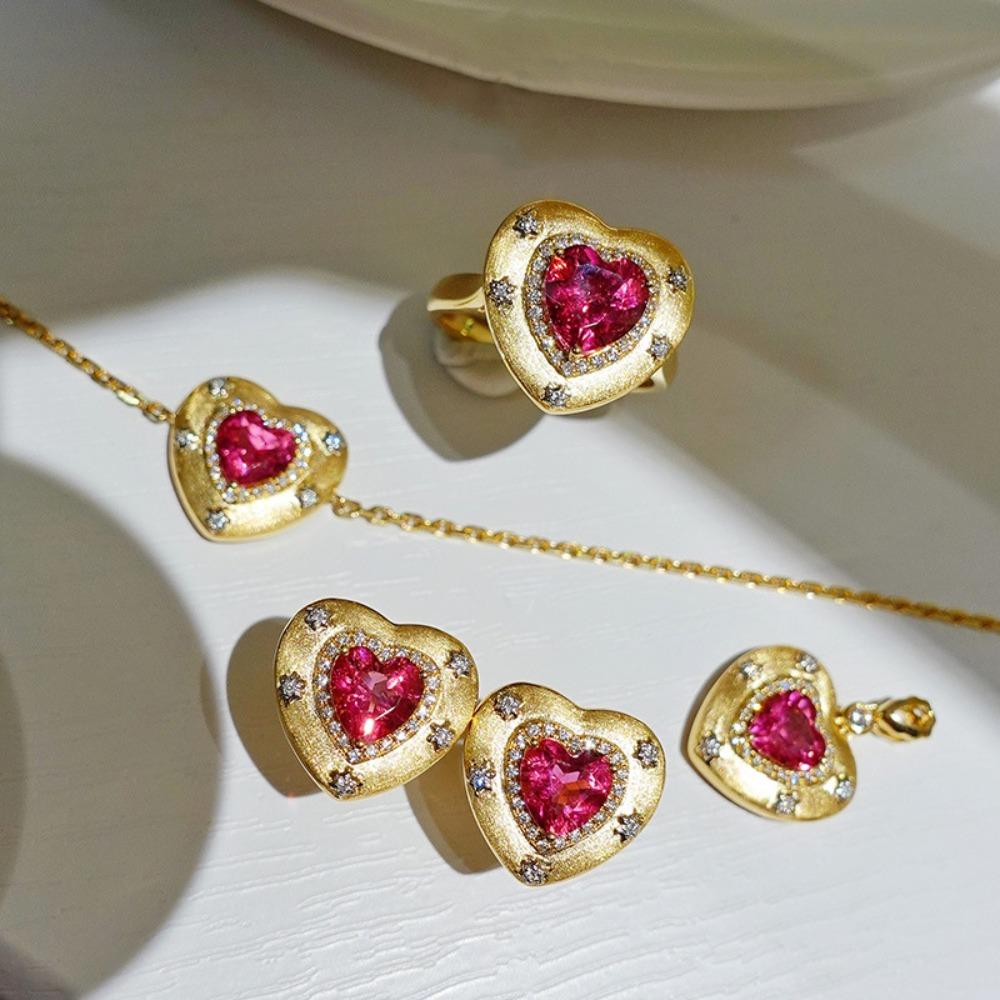 Women Fashion Jewelry Set Italian Gold Plated Heart Ruby Red Necklace Ring Earrings Bracelet Combo