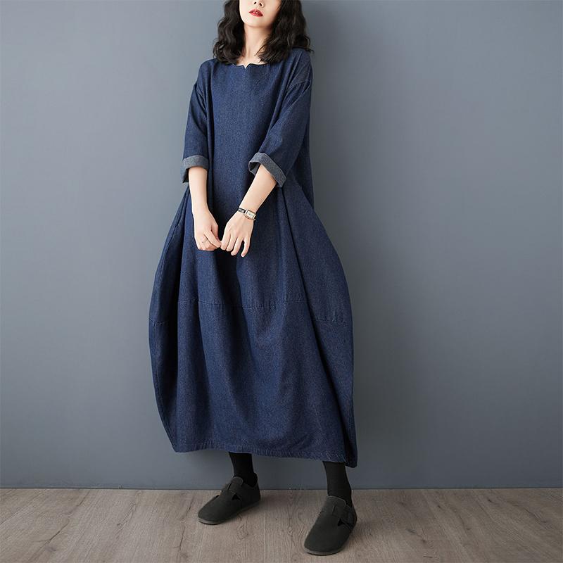 Dimanaf Женское 2025 Новое Весеннее Платье Большого Размера Джинсовое Длинное Рукавное Синее Платье Свободные Базовые Платья Винтаж