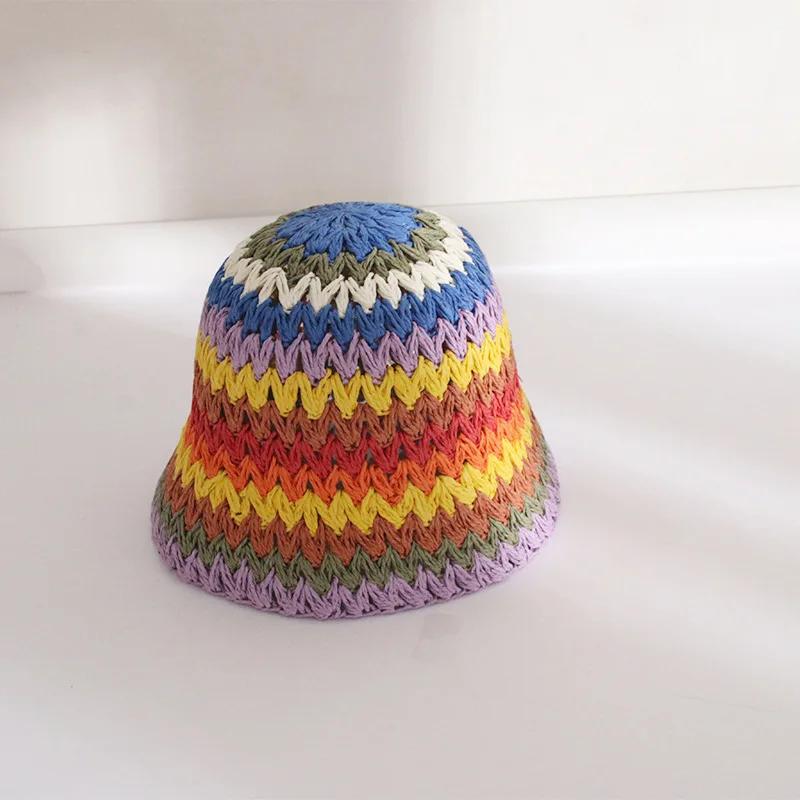 Japan Korea Crochet Beach Straw Hat Women Summer Flowers Grid Pure Hand-woven Hat Sunshade Fisherman Breathable Bucket Gorras