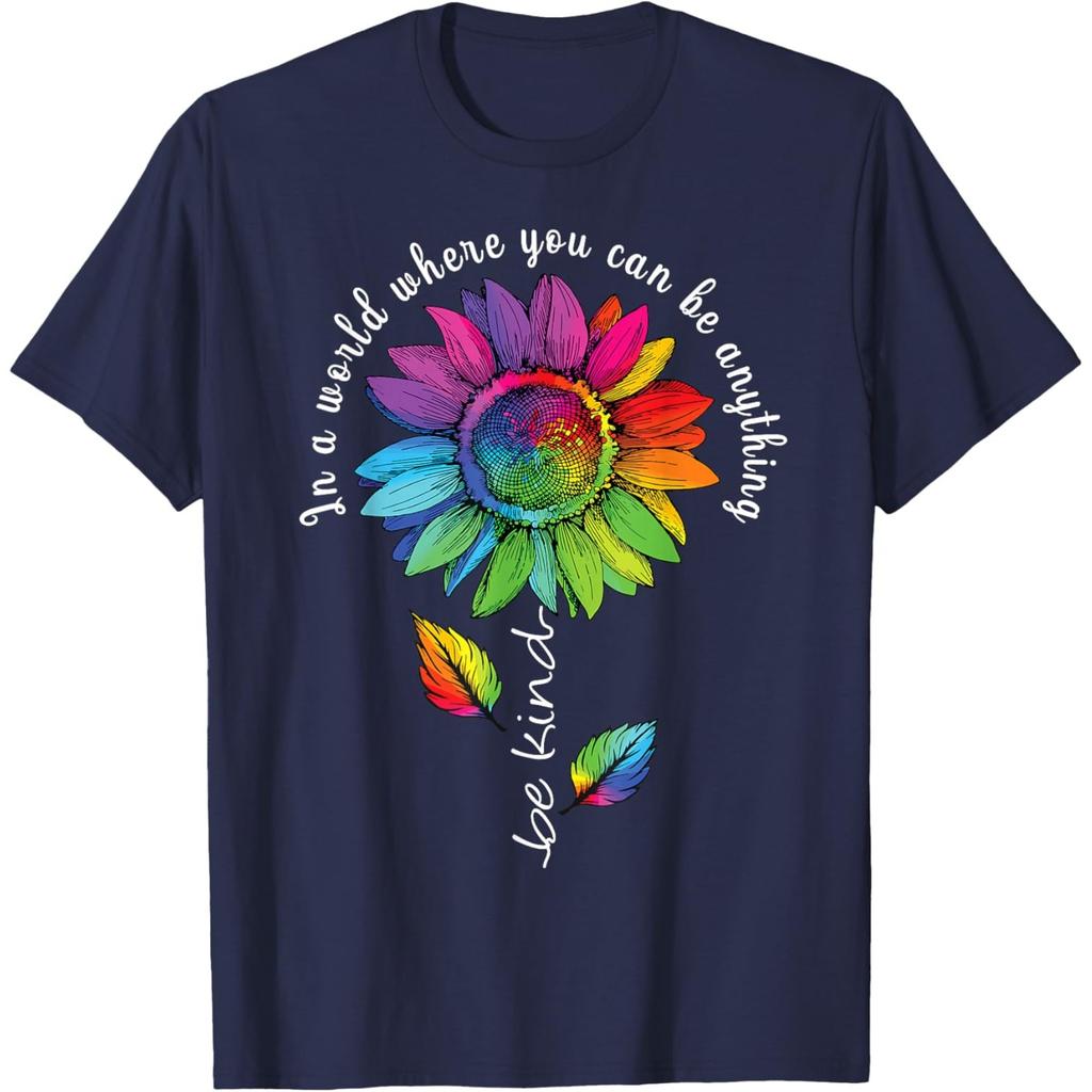 Rainbow Sunflower Be Kind Autism Awareness Graphic Tee Casual Cotton T-Shirt Unisex
