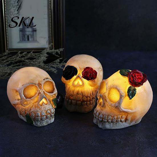 Halloween Mood Lighting Gothic Light Up Skull Rose Flower Figurine, Day of Dead Resin Durable Statue, Spooky Skeleton Head Lamp for Desk Home