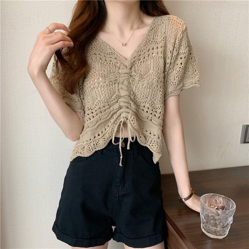 Chic Hollow Drawstring Knitted Sweater Women's Spring and Summer Small Sweet and Spicy Design Sense V-neck Lace-up Short Top