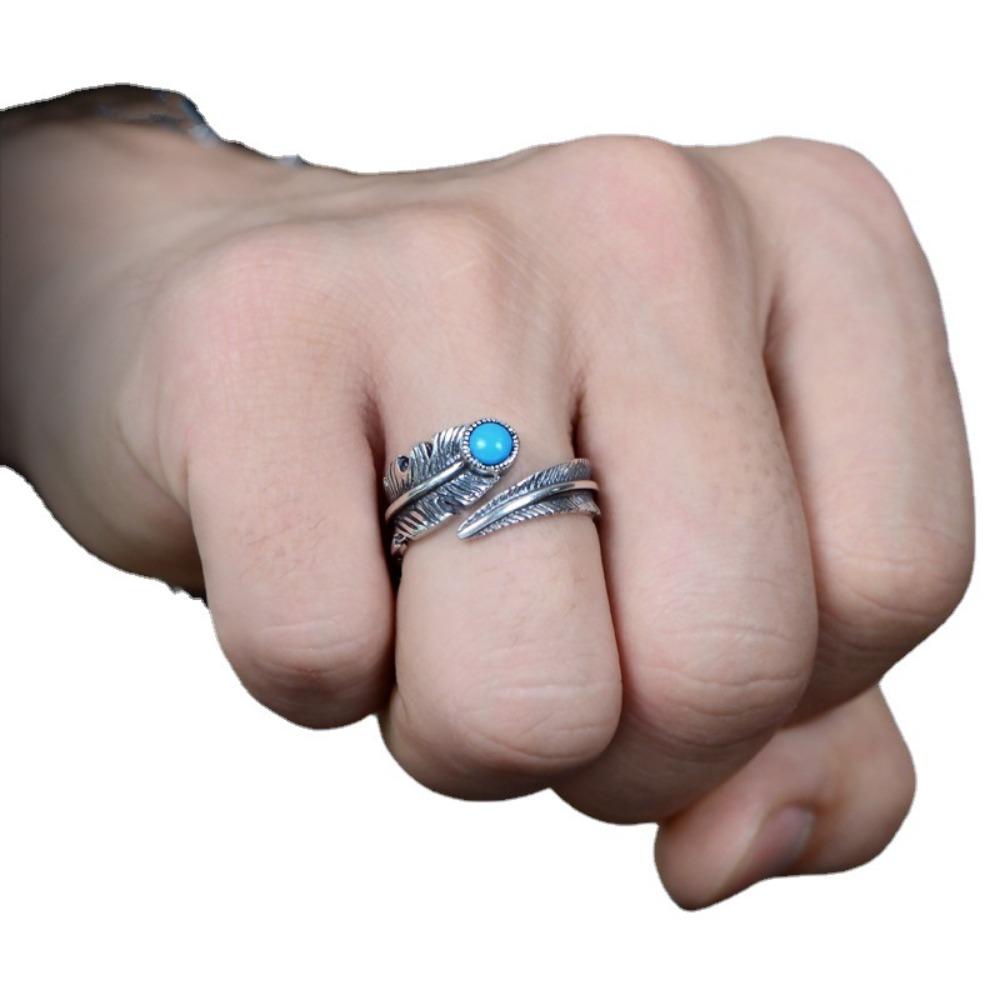 Open Ring S925 Silver Plated Vintage Thai Jewelry Synthetic Turquoise Feather Unisex Adjustable Tail Ring