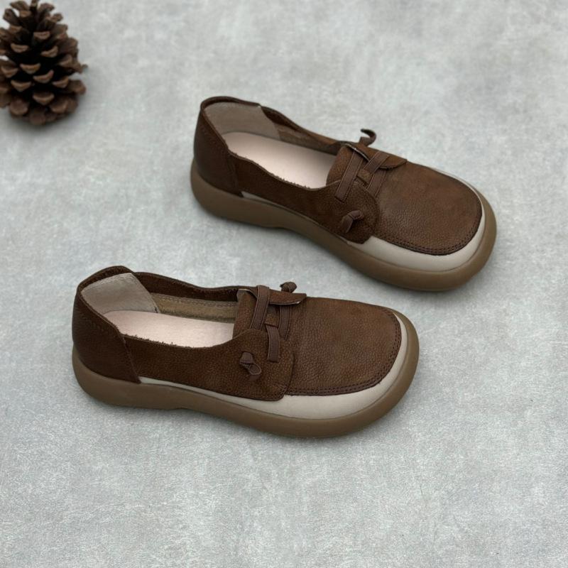 Johnature Мокасины из натуральной кожи с мягкой подошвой, женские туфли без застежек в стиле ретро с круглым носком на плоской подошве