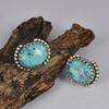 Kingman Turquoise Earrings, 925 Sterling Silver Studs, Large Oval Gemstone Jewelry, Southwestern Crown Beaded Studs, December Birthstone Gift