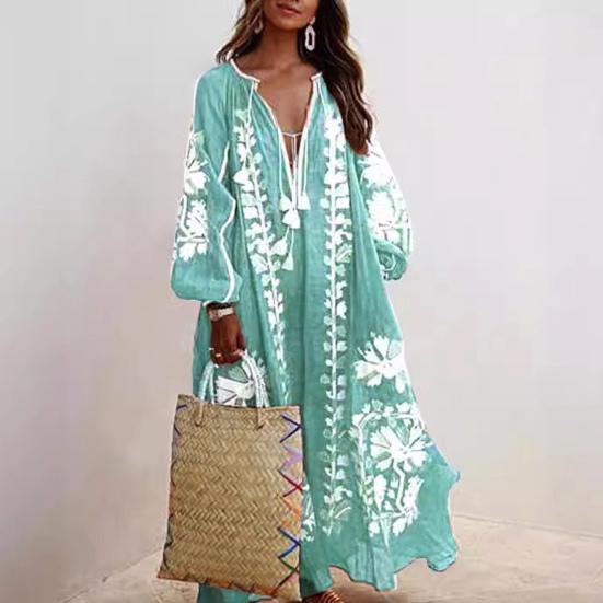Summer Women Dress Deep V Neck Tassel Long Sleeve Retro Bohemian Style Oversized A-line Flowy Hem Floral Print Vacation Beach Maxi Dress