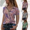 Summer Women's Loose V-neck T-shirt Printed Zipper Short-Sleeved