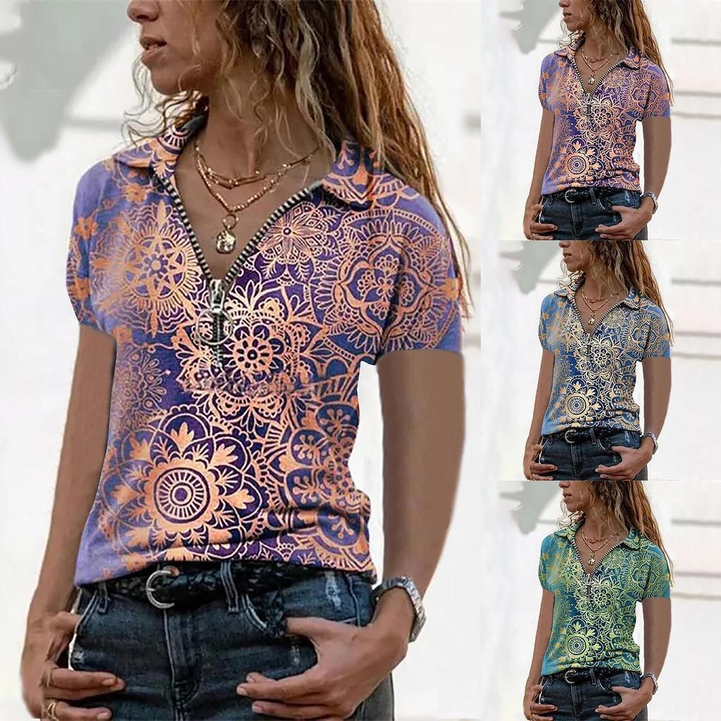 Summer Women's Loose V-neck T-shirt Printed Zipper Short-Sleeved