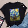 Van Gogh Starry Night Cat In The Print Fashion Soft Summer Women T-Shirt Art Painting Fashion Style Neck T Shirt