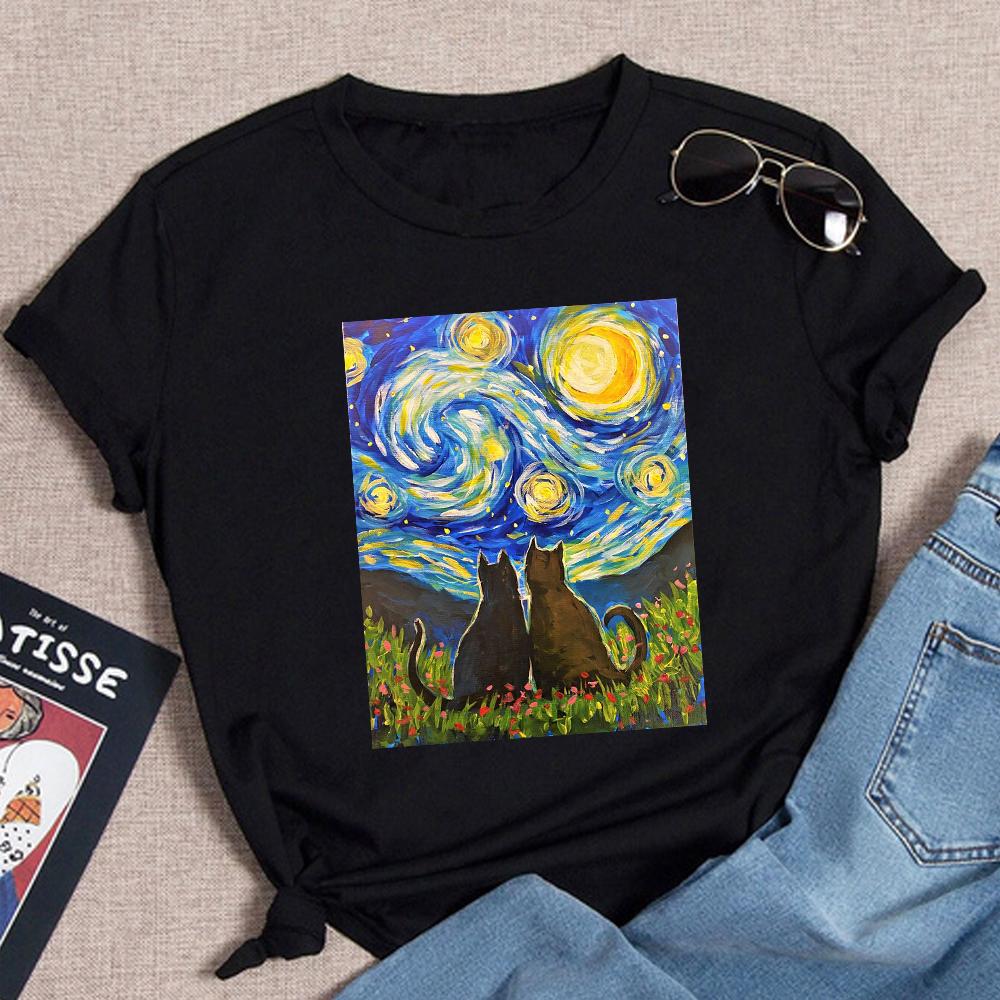 Van Gogh Starry Night Cat In The Print Fashion Soft Summer Women T-Shirt Art Painting Fashion Style Neck T Shirt