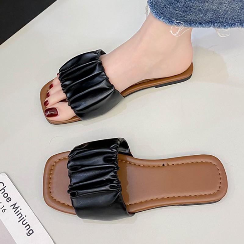 Летние тапочки для женщин, плиссированные шлепанцы, балетки, 2024, новые корейские тапочки, женские сандалии, зеленые туфли без застежек, большой размер 36-43