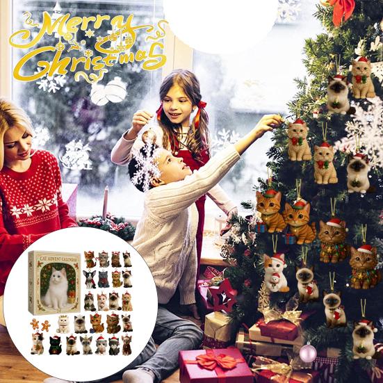 Кошачий Адвент-календарь 24 дня Календарь обратного отсчета до Рождества Милые акриловые украшения в виде котят Праздничный декор для любителей кошек