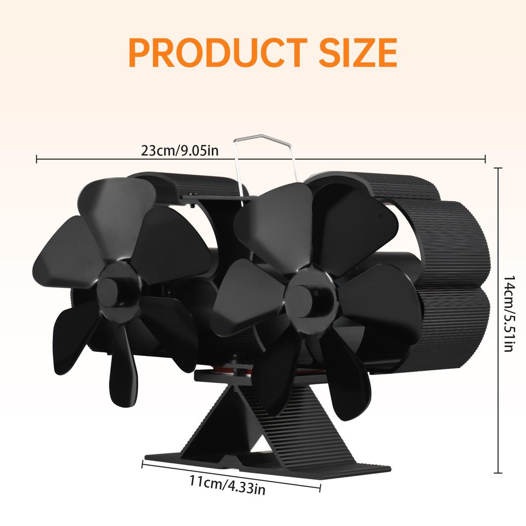 Dual Head 6 Blade Heat Powered Stove Fan with Carrying Handle and Overheating Protection Portable