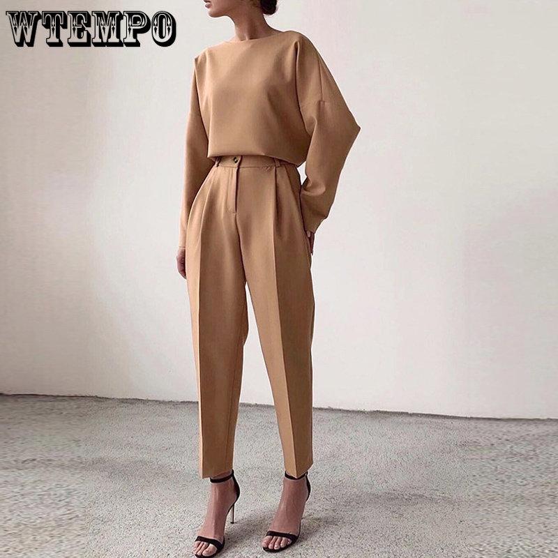 Женский элегантный однотонный комплект из 2 предметов, повседневный пуловер с круглым вырезом, топы, длинные брюки, костюм, женская мода, свободная одежда, уличная одежда