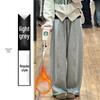 Женские Светло-серые Корейские Драпирующиеся Брюки-Коса - С Высокой Талией, Стройнящие, Широкие, Прямые Спортивные Брюки для Весны и Осени