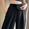 Новые летние черные широкие брюки для женщин с высокой талией, свободные повседневные брюки в пол, повседневные прямые брюки
