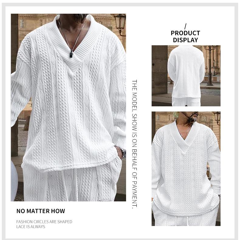 Осень-зима Cross Border Повседневный жаккардовый трикотаж Мужская весенне-осенняя свободная футболка с длинным рукавом Мужские пуловеры с V-образным вырезом Топы