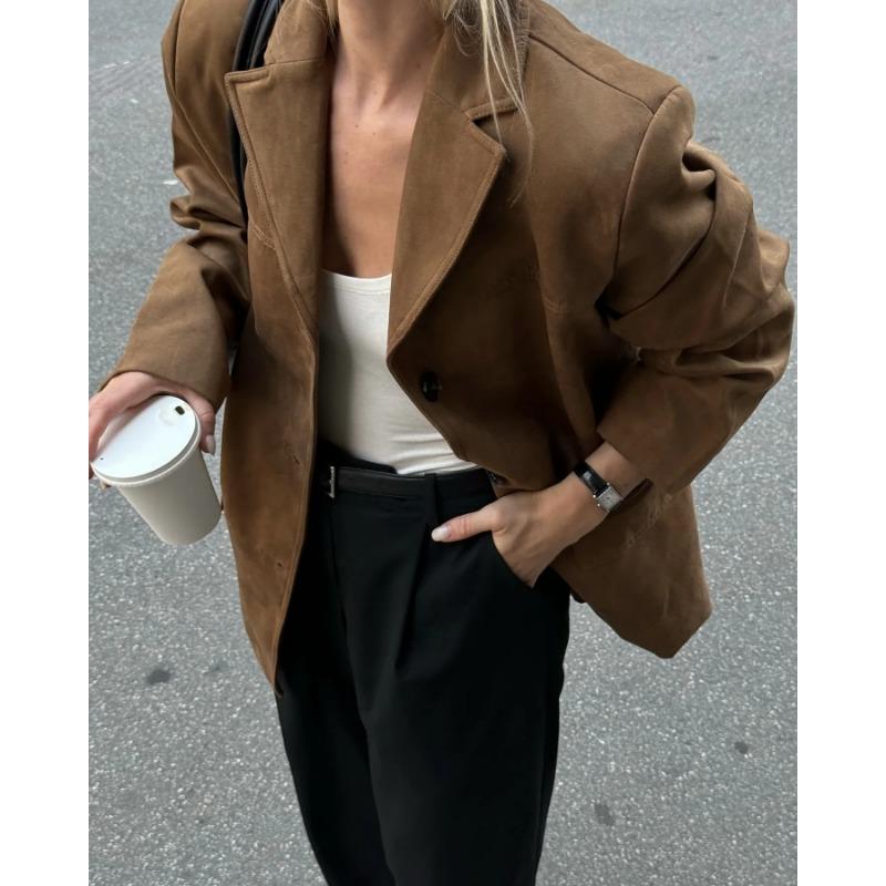 Женский замшевый однобортный пиджак с длинными рукавами и большим карманом, однотонный повседневный пиджак, весна-лето для женщин