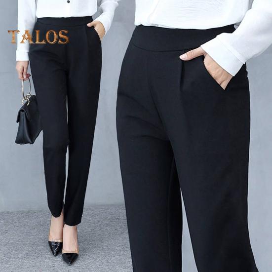 Women Pants Elastic High Waist Solid Color Slim Fit Trousers with Pockets Casual Commuting Style Office Lady Pants