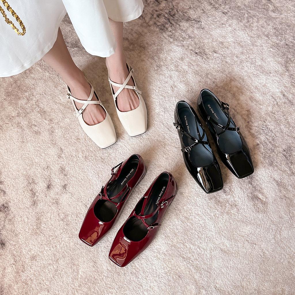 2123-2 French Square Head Cross Strap Square Heel Mary Jane Single Shoes Autumn New French Versatile Low Heel Single Shoes Women