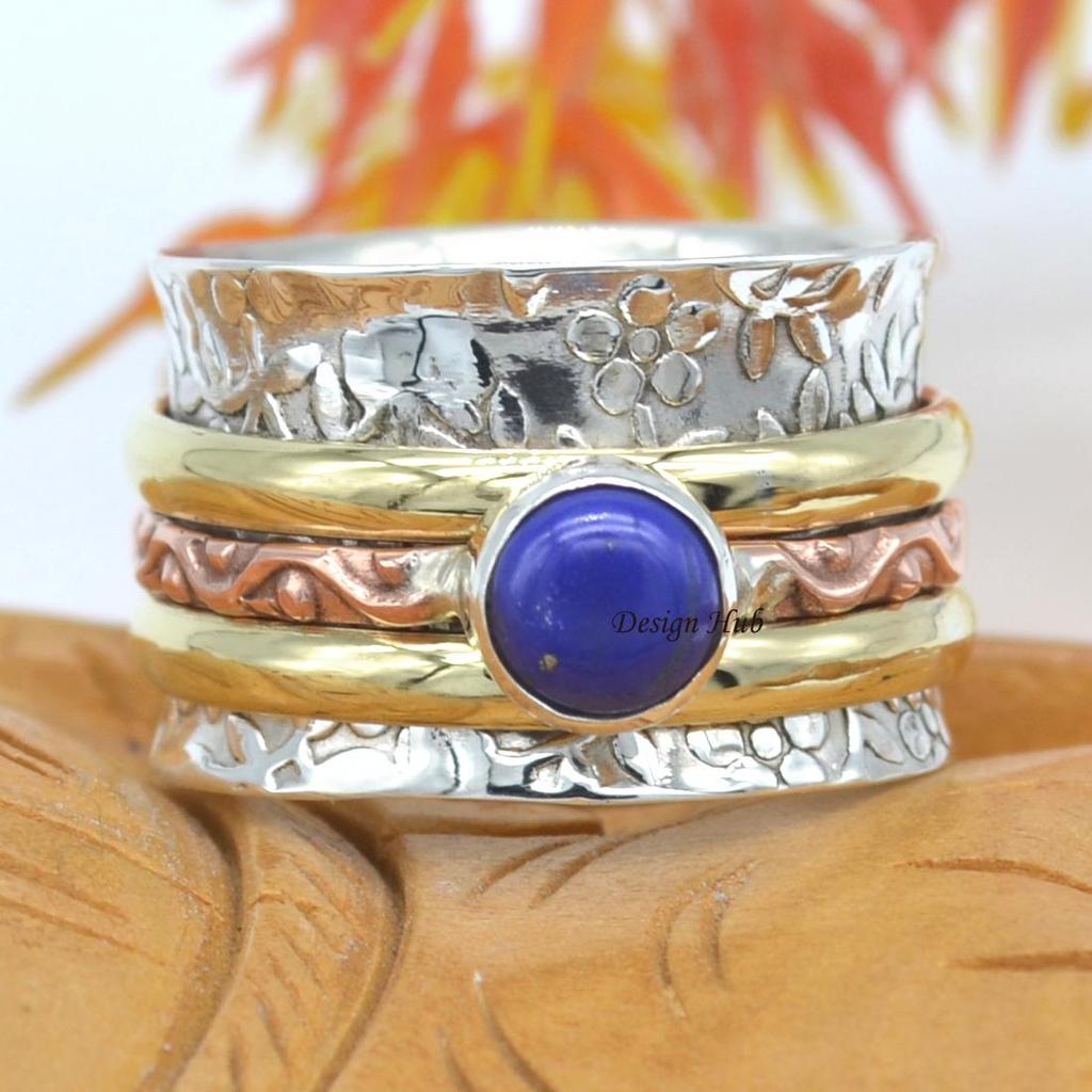 Кольцо Spinner Твердые ювелирные изделия из стерлингового серебра 925 пробы, Кольцо Lapis Lazuli, Spinner band Three Tone Ювелирные изделия ручной работы Подарок на годовщину