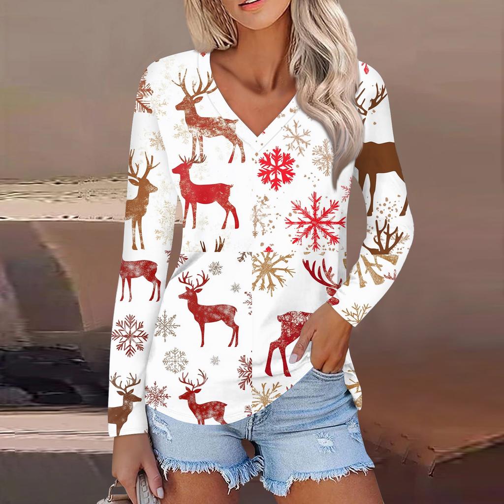 Women's Casual Fashion Sexy Comfortable Christmas Printed V-Neck Long Sleeve Top
