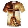 Cross Lion Pattern 3D Printed T-shirt Personalized Christian Art Round Neck Clothing Summer Fashion Creative Design Short Sleeved Tops