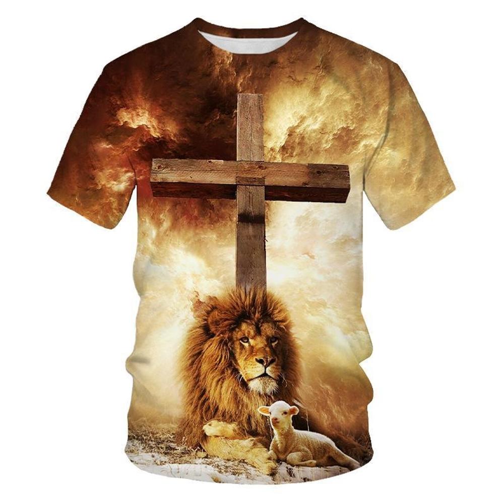 Cross Lion Pattern 3D Printed T-shirt Personalized Christian Art Round Neck Clothing Summer Fashion Creative Design Short Sleeved Tops