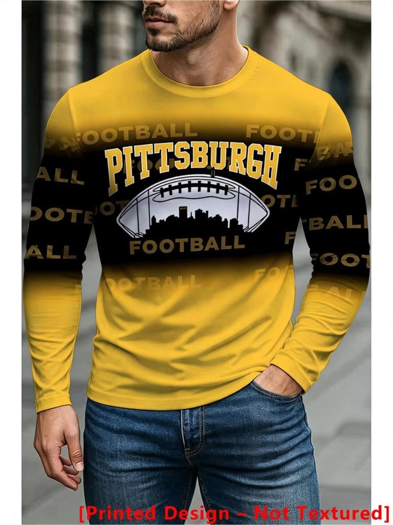 Men's T-shirt with Pittsburgh Skyline and Football Graphics, Perfect for Sports Fans and Everyday Casual Wear