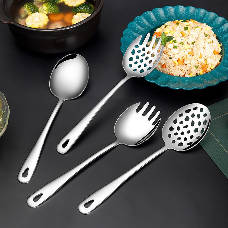 304 Stainless Steel Thicken Kitchen Public Spoon BBQ Spatula Long Handle Serving Soup Spoon Colander Salad Fork Cooking Utensils