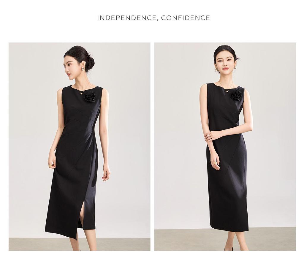 High-Tech Oblique Cut Vest Dress with Flower Brooch - Women's Summer Formal Wear