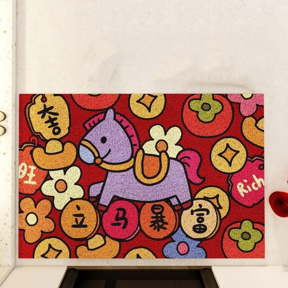 Door Mat Anti-slip Chinese New Year Doormat Stain Proof Cartoon Entrance Mat Wear-Resistant Red Floor Mat Spring Festival