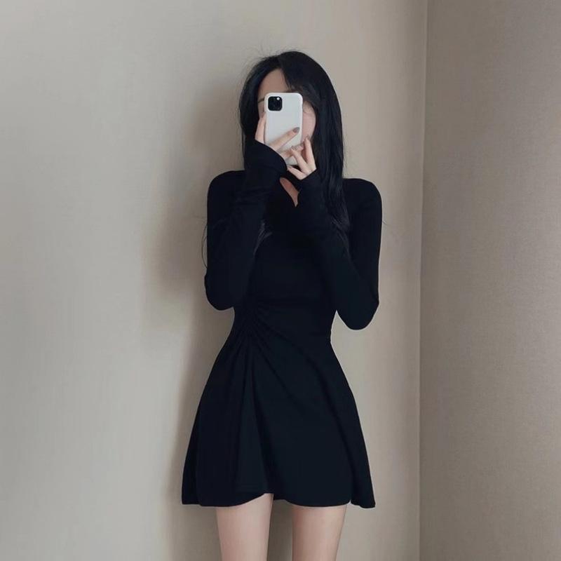 Женское платье Design Sense Folding Waist Half High Neck Long Sleeve Base Dress Slimming Short Dress