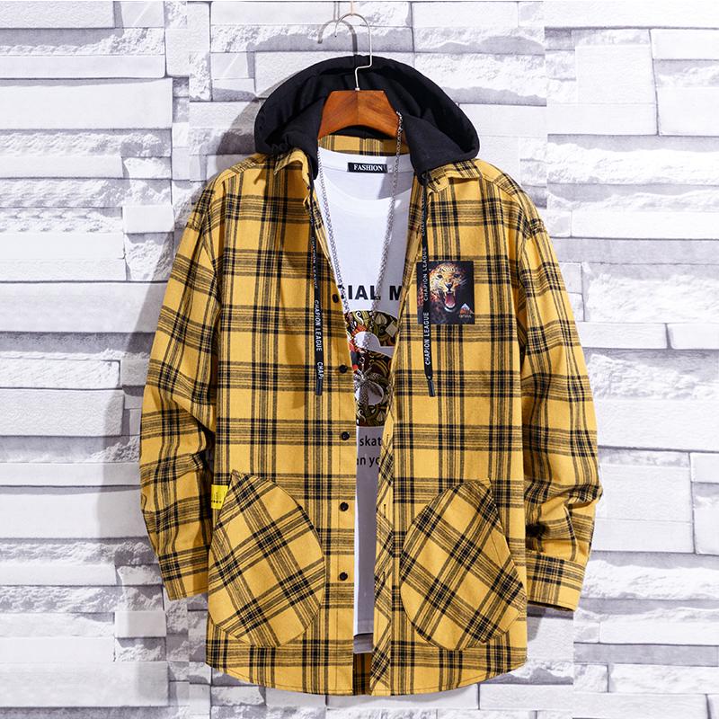 Youth Men's Casual Fashion Plaid Slim Long Sleeve Hoodie Long Sleeve Shirt