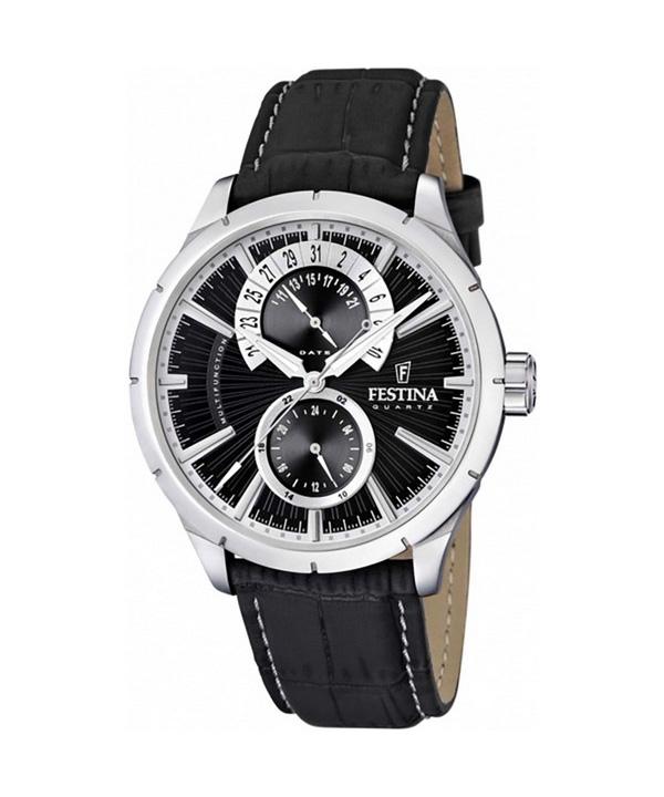 FESTINA Многофункциональные кварцевые мужские часы с черным циферблатом в стиле ретро F16573-3 с кожаным ремешком