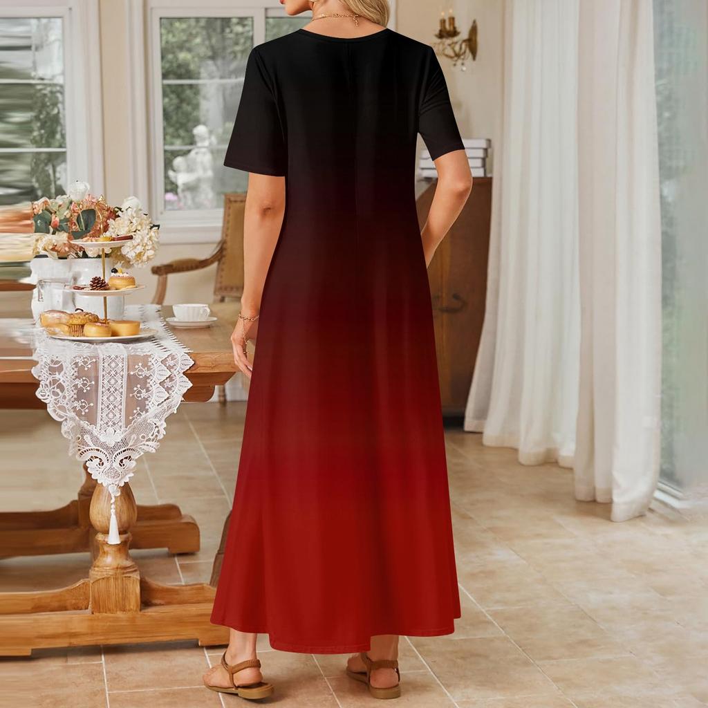 Women's Fashionable And Casual Long Beach Skirt Round Neck Short Sleeved Loose Retro Print Dress