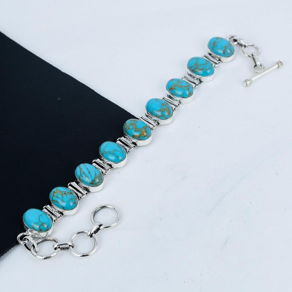 Natural Turquoise Gemstone Handmade 925 Sterling Silver Bracelet, Turquoise Bracelet For Wife , Unisex Bracelet Birthday Gift For Love