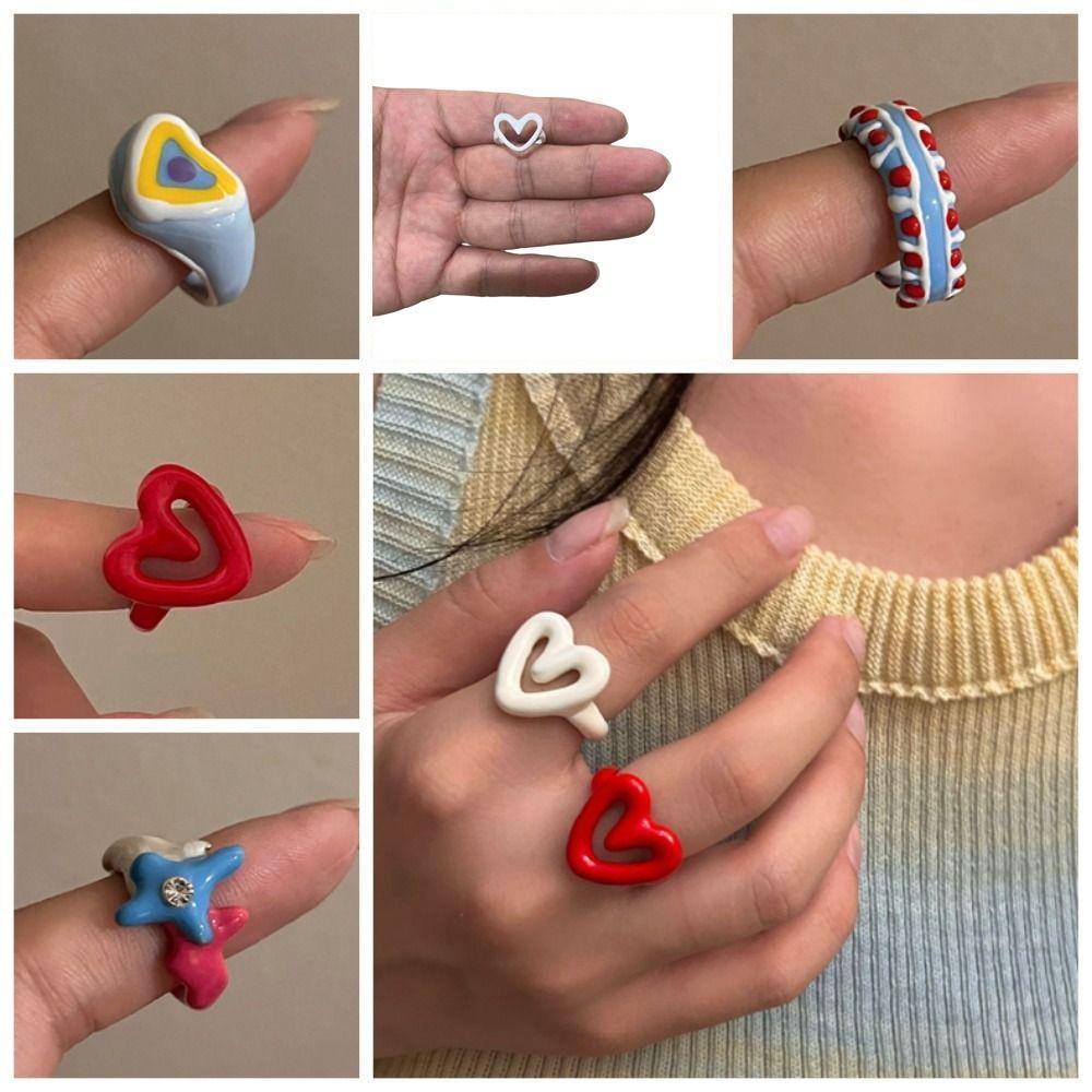 Chunky Jewelry Enamel Heart Ring Y2K Geometric Ring Unique Finger Buckle Men