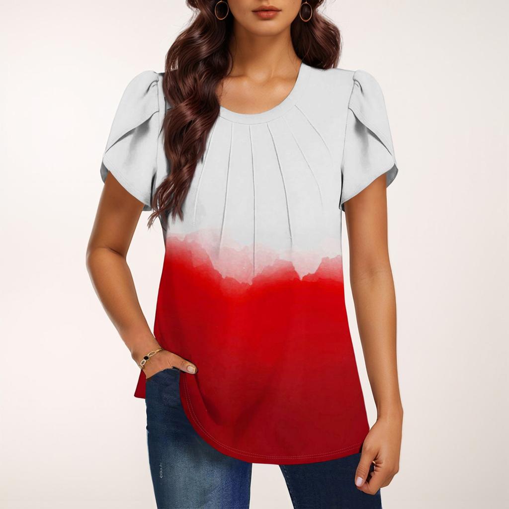 Женская модная футболка с круглым вырезом и коротким рукавом с градиентным принтом, повседневная базовая плиссированная футболка-пуловер