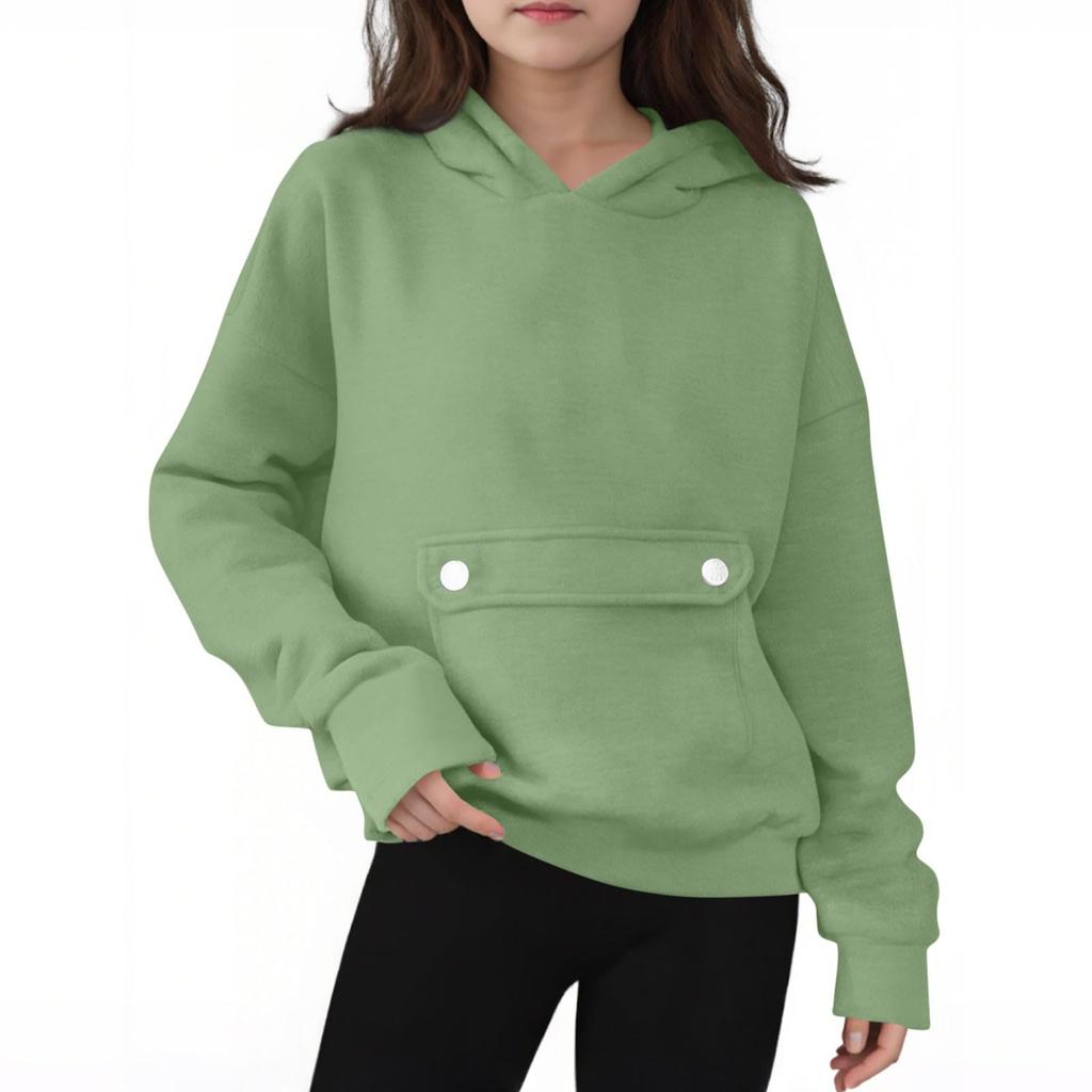 Children's Oversized Pullover Long-Sleeve Hooded Sweatshirt With Button Pockets In Solid Color