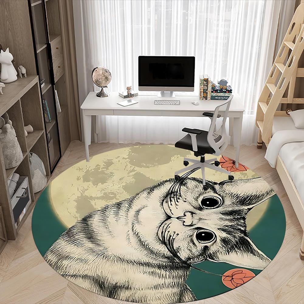 1PC Moonlit Whiskers Office Round Area Rug, Mat Suitable ForOffice, Under Office Chairs Bedroom Living Room Home Decor, Room Deco
