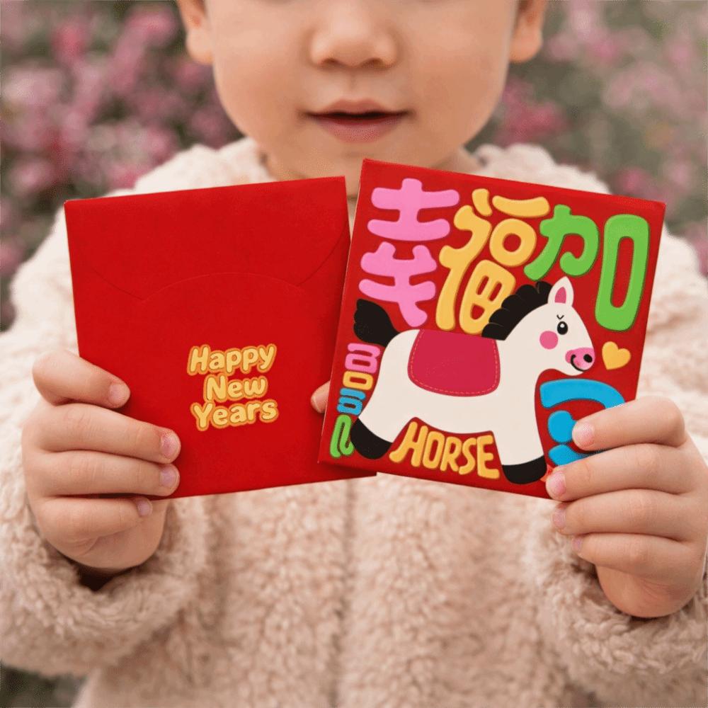 30pcs/set Cute Style Cartoon Red Packets Square Best Wishes Mini Money Bag Traditional Paper Money Pouch 2026 Horse Year