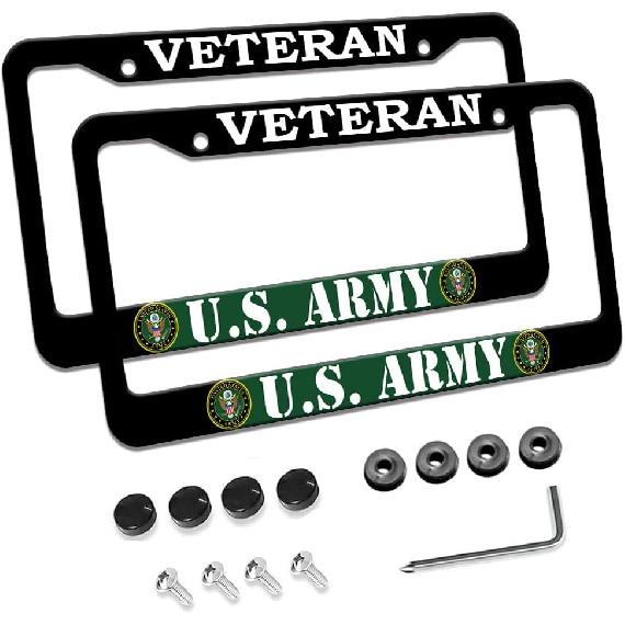 2 Pcs License Plate Frame for U.S. Army Veteran Black Matte Aluminum Car Plate Cover Holders with Screw Caps